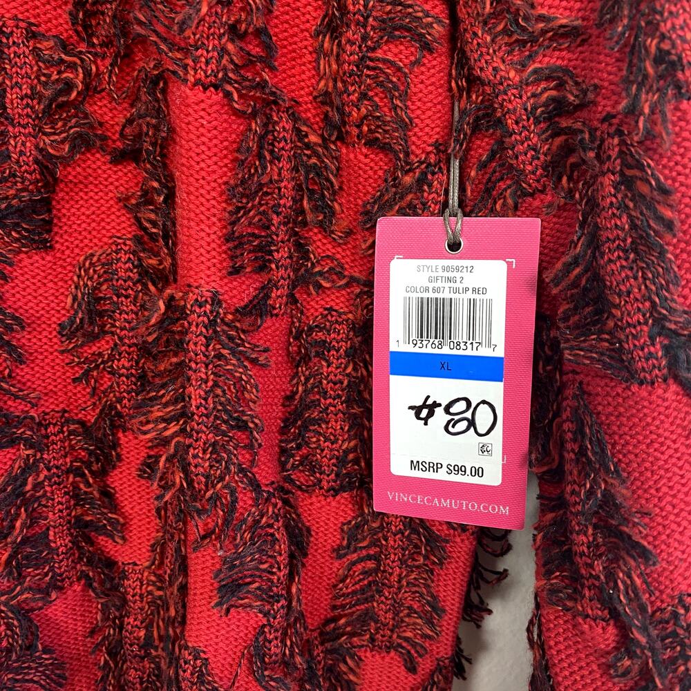 Vince Camuto Chunky Soft Red Black Frayed Grandma Preppy Cotton Eyelash Sweater - Picture 5 of 5